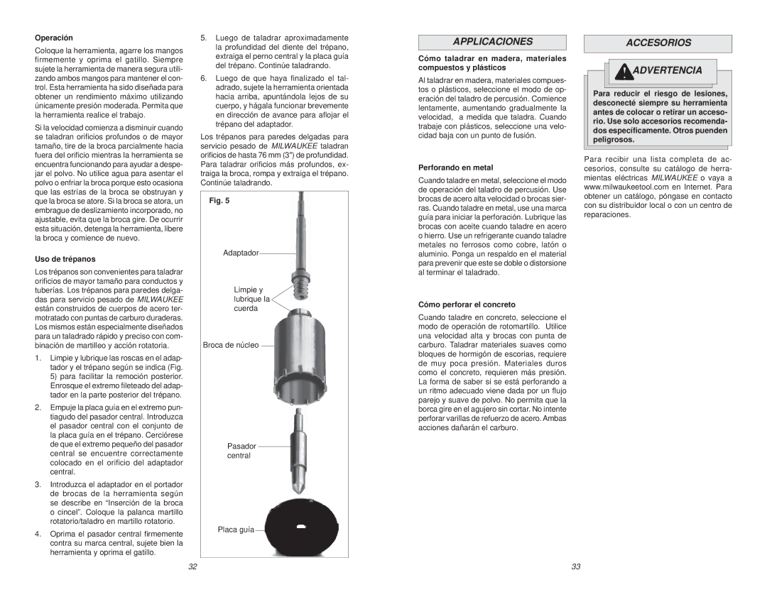 Milwaukee 5363-21 manual Applicaciones, Accesorios Advertencia 