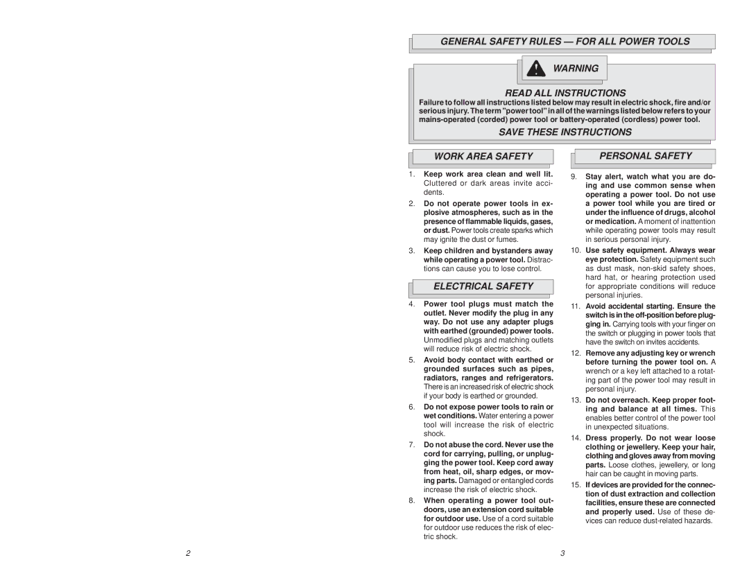 Milwaukee 5363-21 manual Work Area Safety Personal Safety, Electrical Safety 