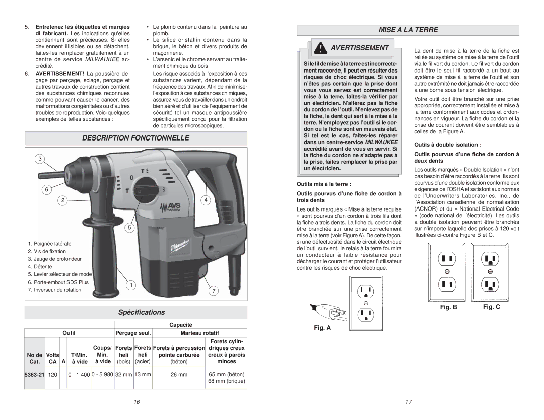 Milwaukee 5363-21 manual Mise a LA Terre, Description Fonctionnelle, Spéciﬁcations 