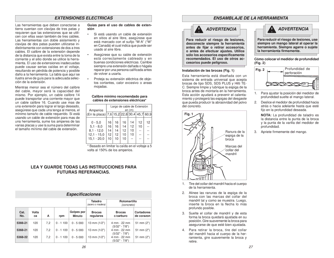 Milwaukee 5368-22, 5368-21 Extensiones Electricas Ensamblaje DE LA Herramienta, Guías para el uso de cables de exten- sión 