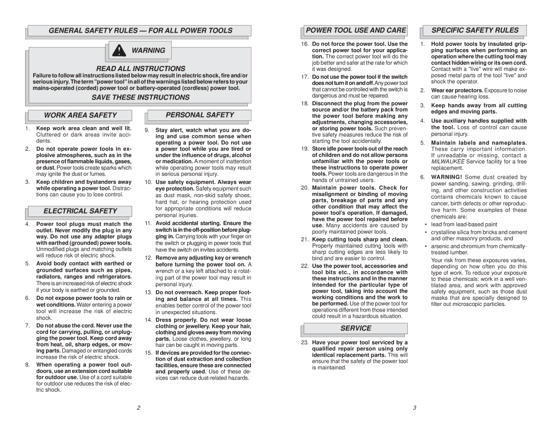 Milwaukee 5368-22 Power Tool USE and Care, Specific Safety Rules, Work Area Safety, Electrical Safety Personal Safety 