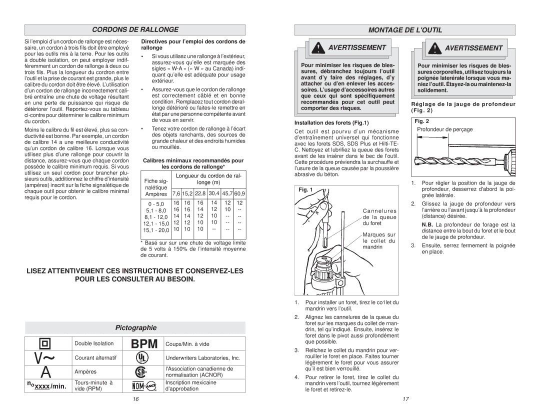 Milwaukee 5368-21, 5366-21, 5368-22 Cordons DE Rallonge Montage DE Loutil, Directives pour l’emploi des cordons de rallonge 