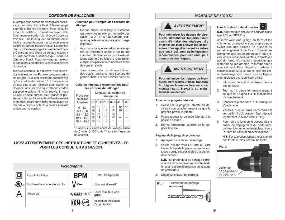 Milwaukee 5369-21 Cordons DE Rallonge Montage DE Loutil, Pictographie, Directives pour l’emploi des cordons de rallonge 