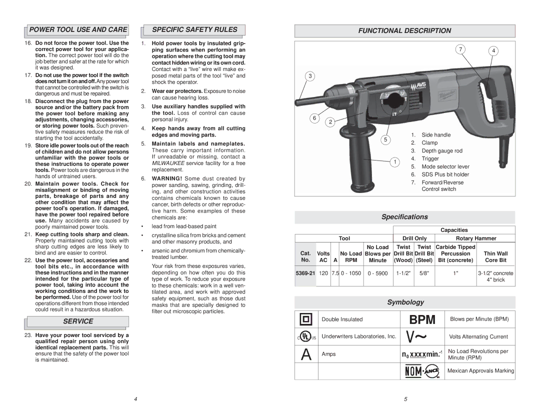 Milwaukee 5369-21 manual Power Tool USE and Care, Service, Specific Safety Rules, Functional Description 