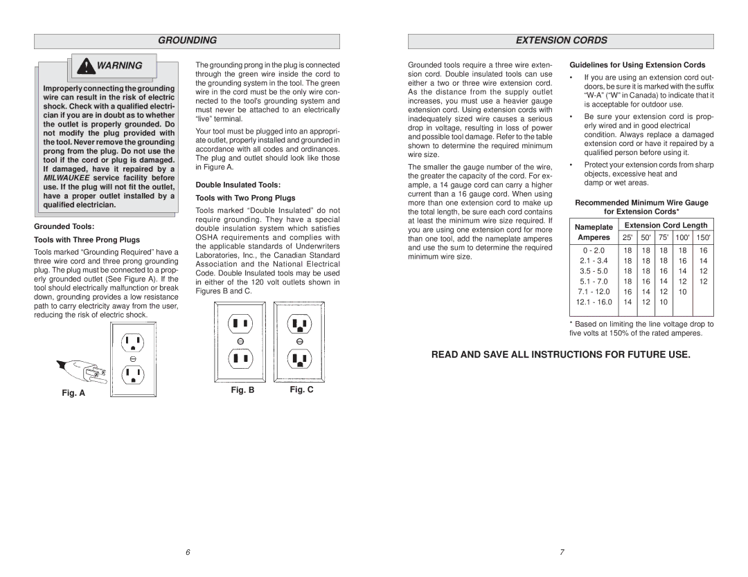 Milwaukee 5369-21 manual Grounding Extension Cords, Grounded Tools Tools with Three Prong Plugs 