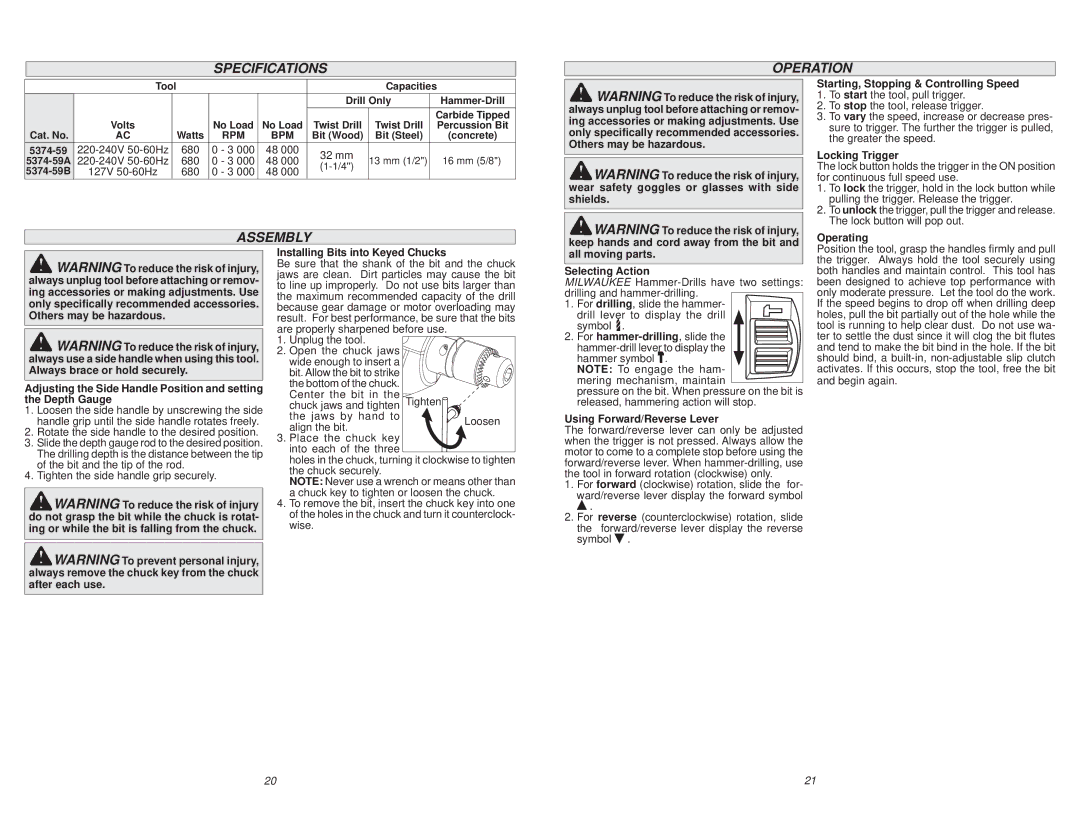 Milwaukee 5374-59A, 5374-59B manual Specifications Operation, Assembly 