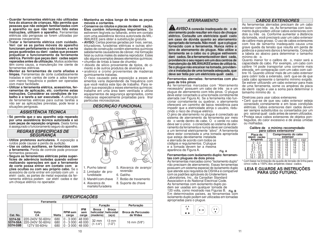 Milwaukee 5374-59B Assistência Técnica, Regras Específicas DE Segurança, Descrição Funcional, Aterramento, Especificações 