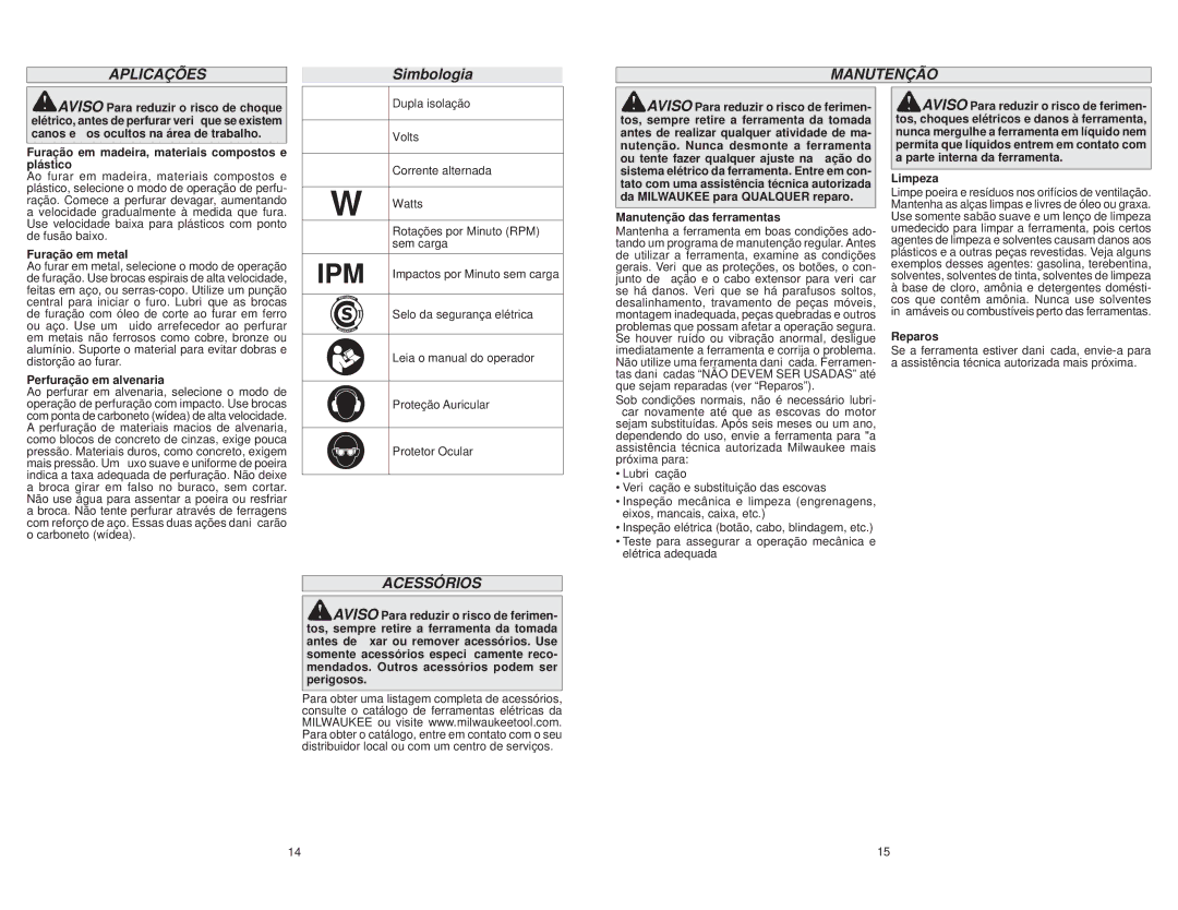 Milwaukee 5374-59A, 5374-59B manual Aplicações, Manutenção, Acessórios 