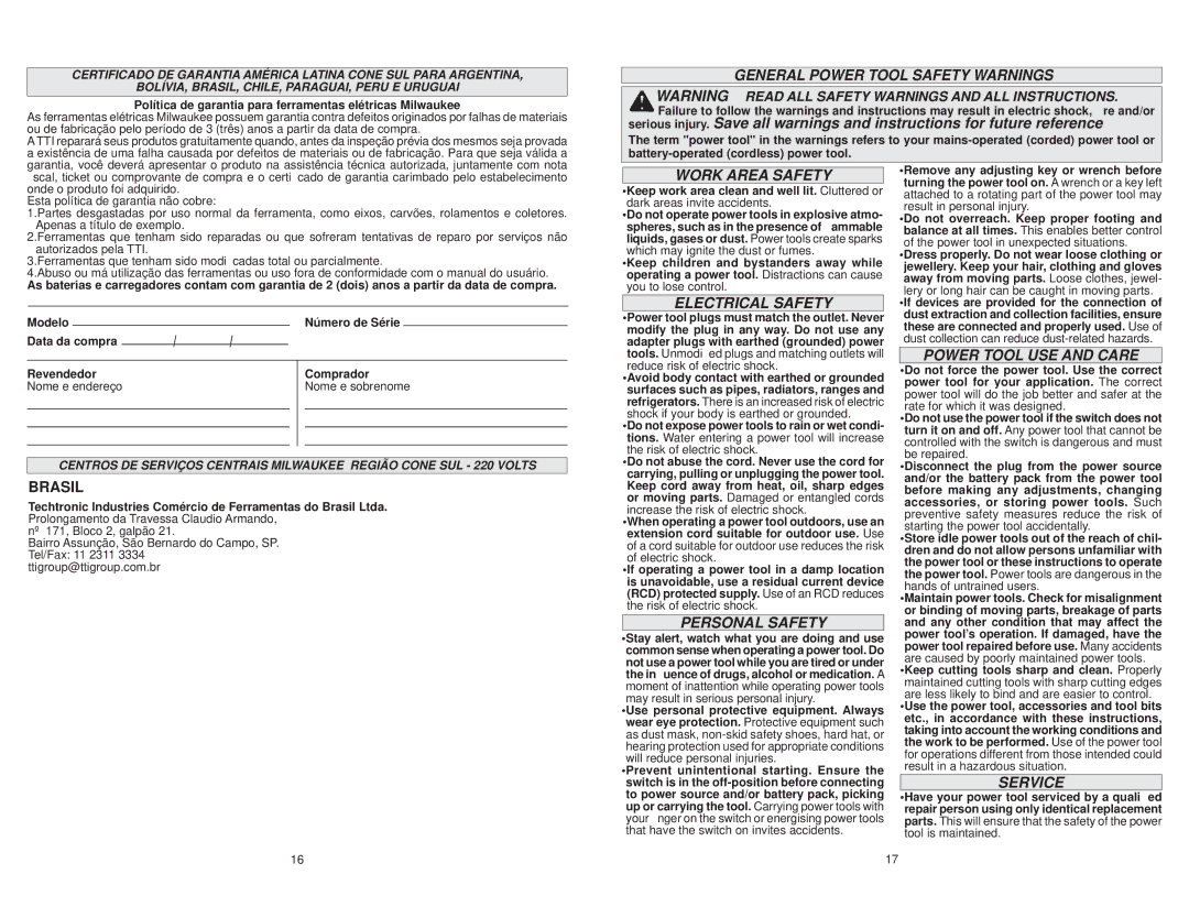 Milwaukee 5374-59B manual General Power Tool Safety Warnings, Electrical Safety, Power Tool USE and Care, Personal Safety 