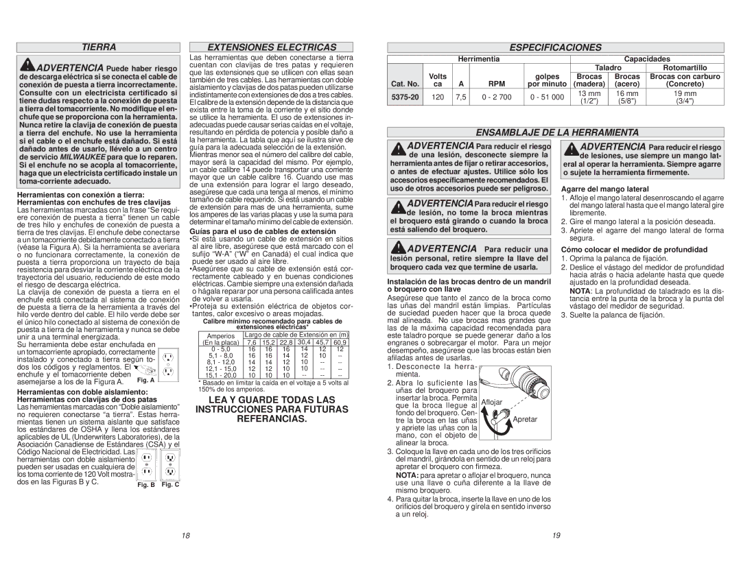 Milwaukee 5375-20 manual Tierra, Extensiones Electricas, Especificaciones, Ensamblaje DE LA Herramienta 