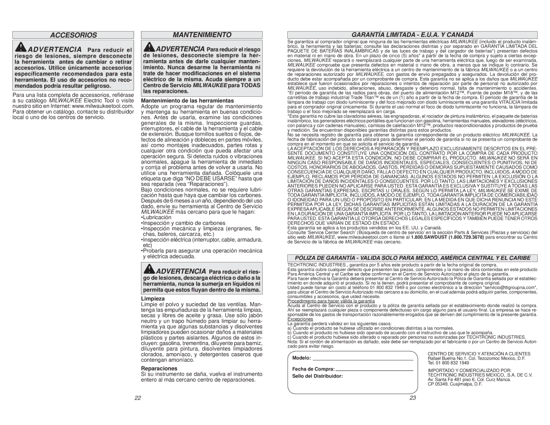 Milwaukee 5375-20 Accesorios, Garantía Limitada E.U.A. Y Canadá, Mantenimiento de las herramientas, Limpieza, Reparaciones 
