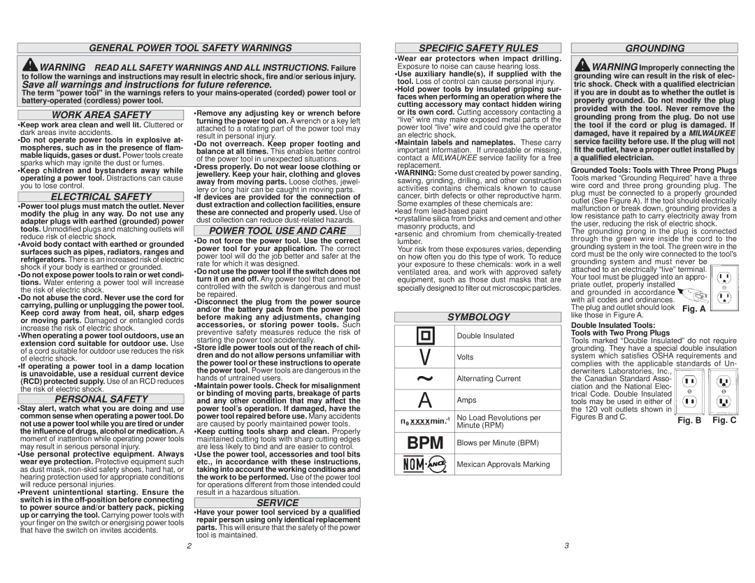 Milwaukee 5375-20 General Power Tool Safety Warnings, Specific Safety Rules, Grounding Work Area Safety, Electrical Safety 