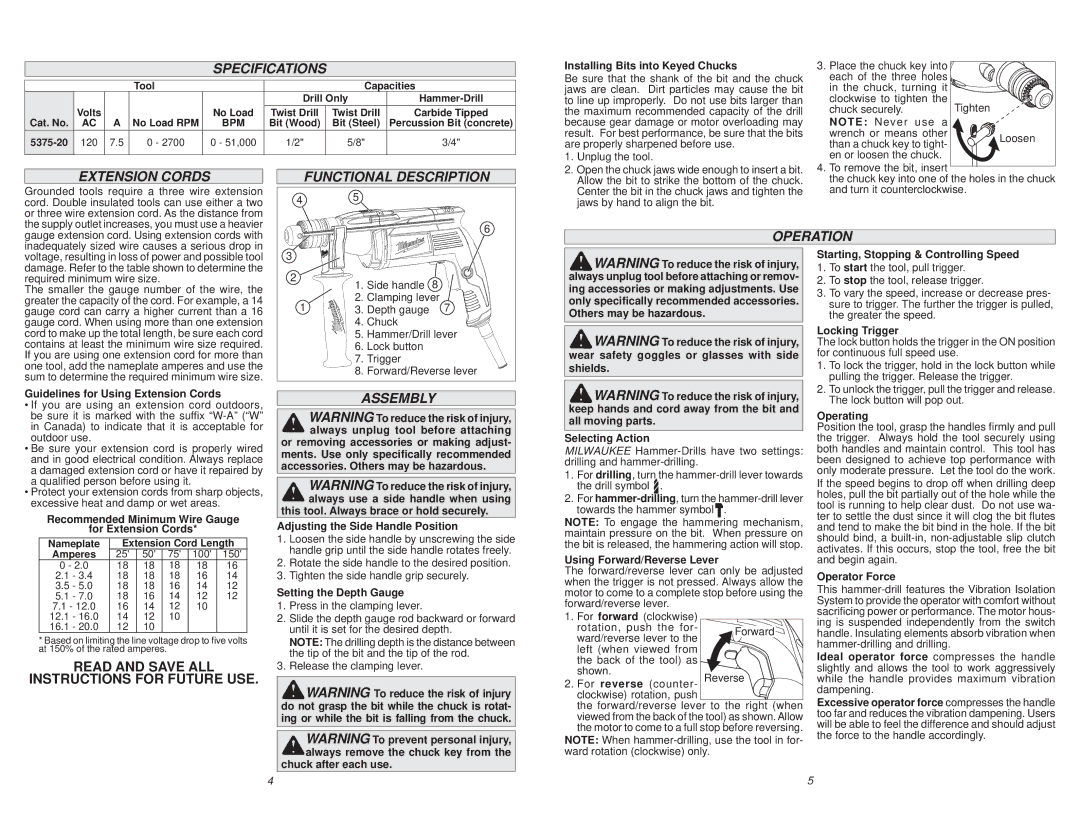 Milwaukee 5375-20 manual Specifications, Extension Cords, Functional Description, Operation, Assembly 