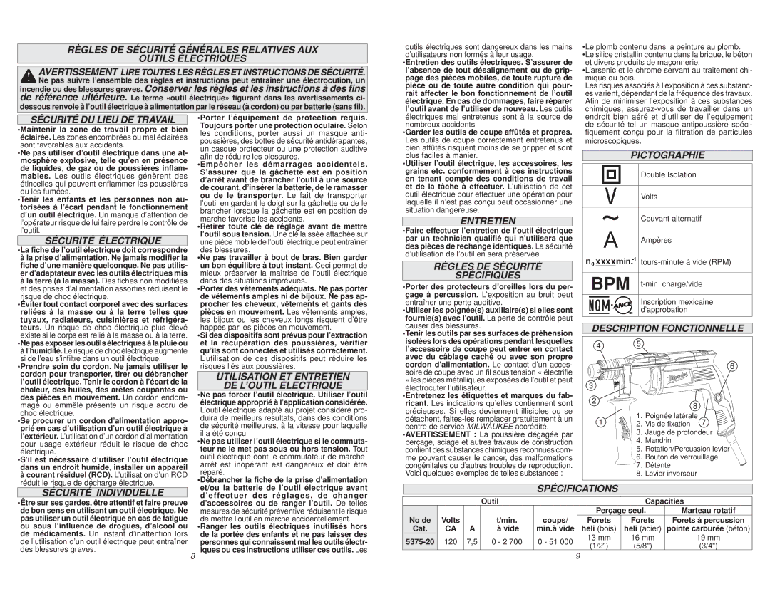 Milwaukee 5375-20 manual Sécurité DU Lieu DE Travail, Sécurité Électrique, Utilisation ET Entretien DE L’OUTIL Électrique 