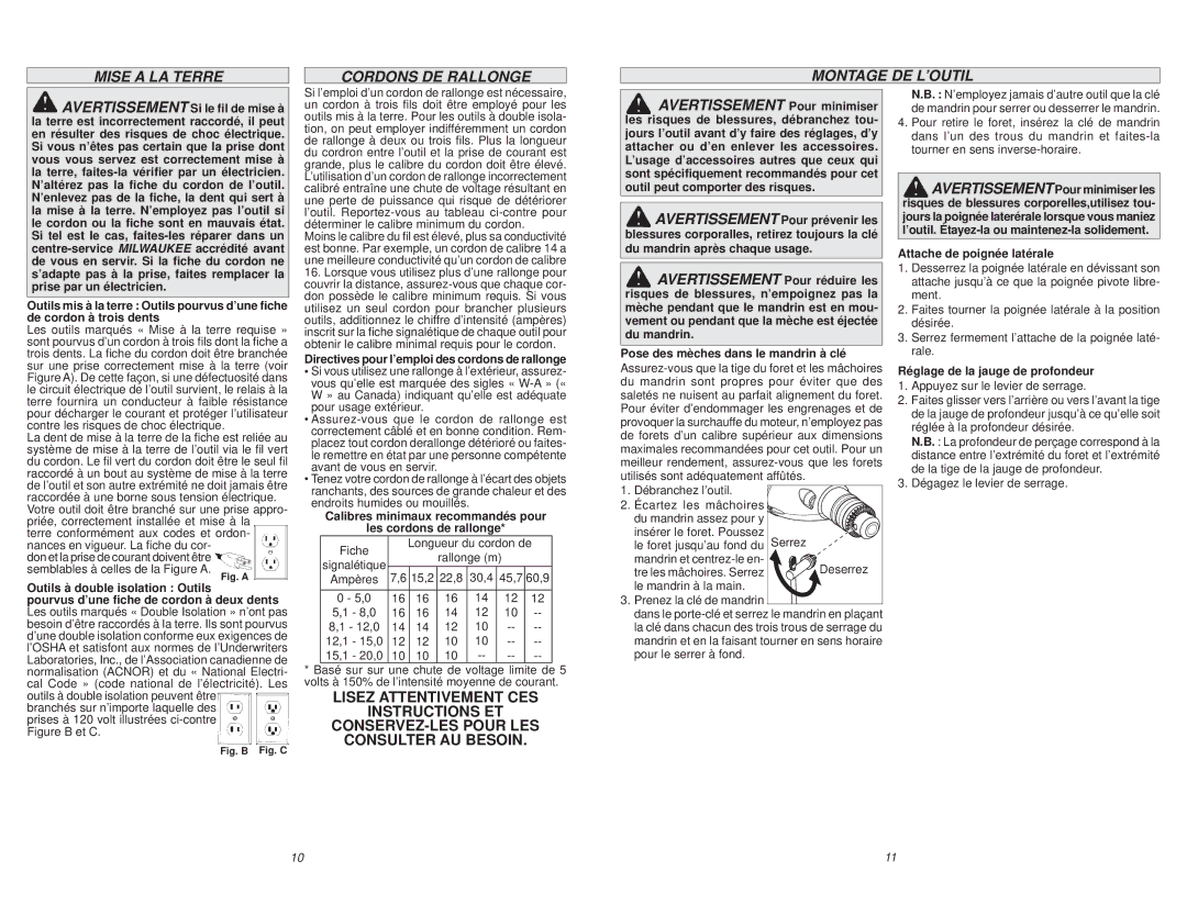 Milwaukee 5375-20 manual Mise a LA Terre Cordons DE Rallonge Montage DE L’OUTIL 