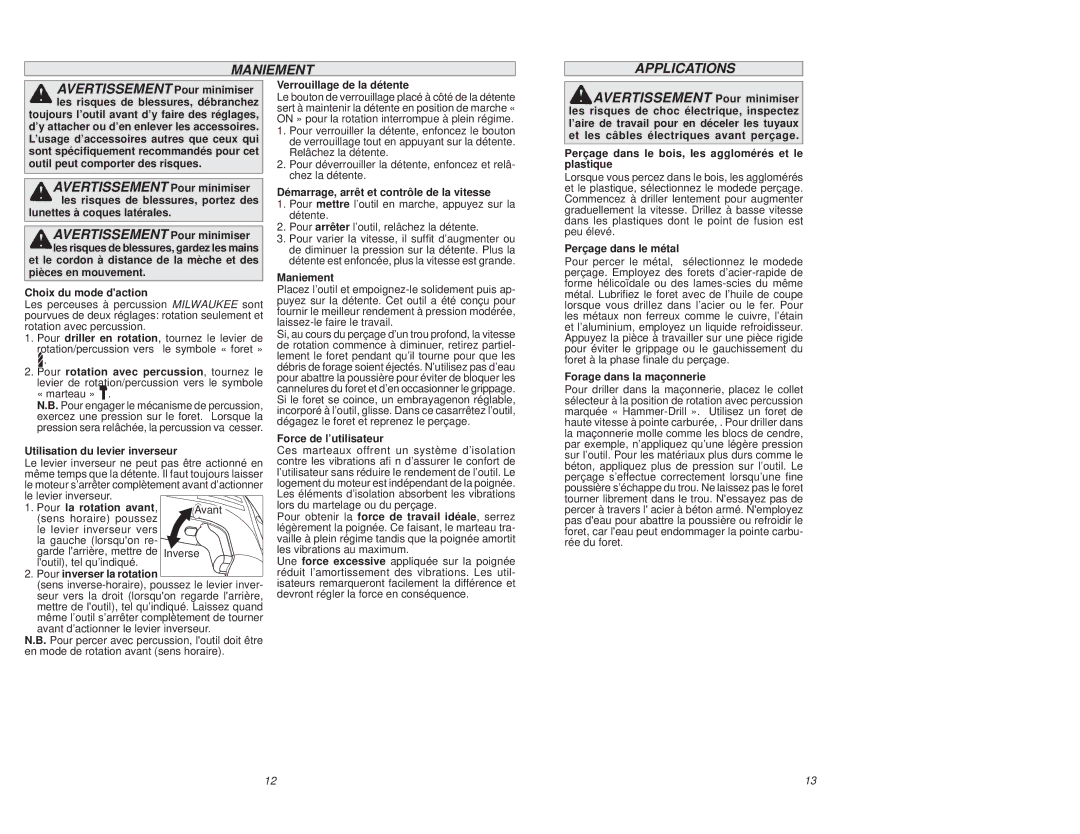 Milwaukee 5375-20 manual Maniement Applications 