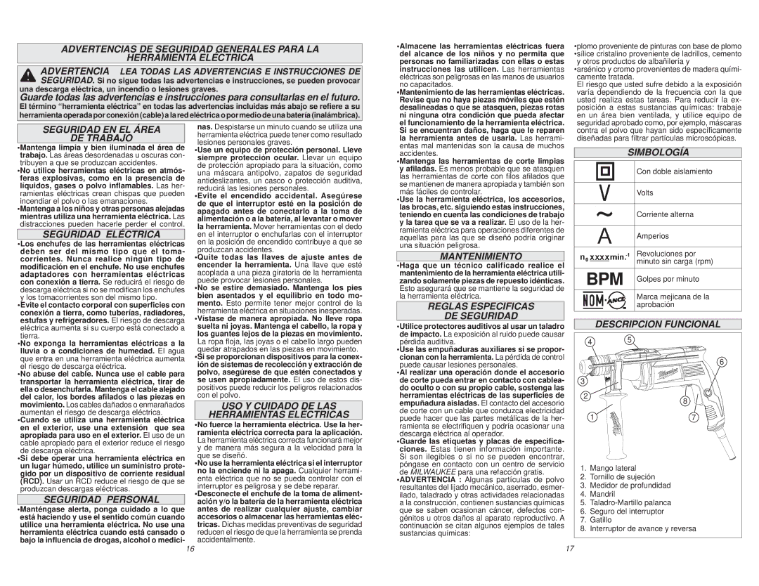 Milwaukee 5375-20 Seguridad EN EL Área DE Trabajo, Seguridad Eléctrica, Seguridad Personal, Mantenimiento, Simbología 