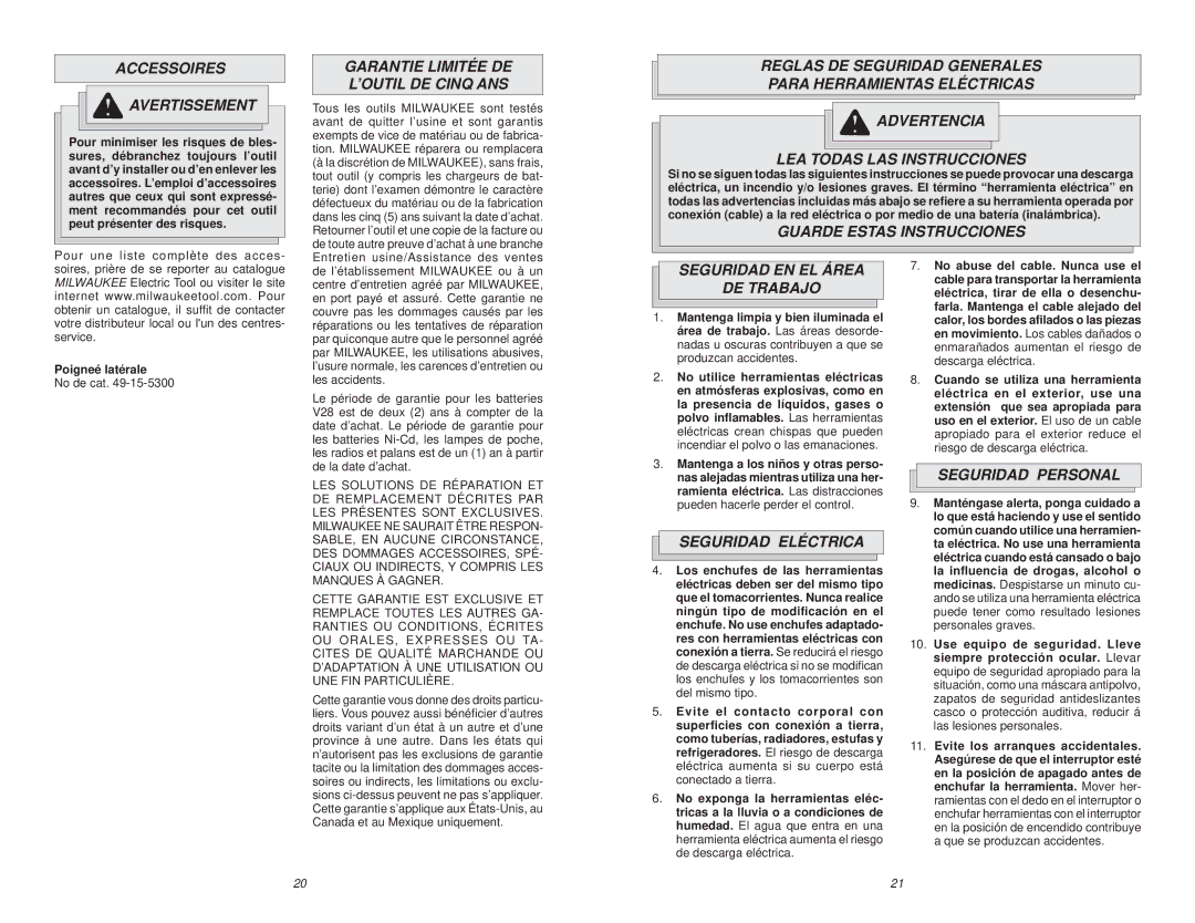 Milwaukee 5378-21, 5378-20 Accessoires Avertissement, Garantie Limitée DE ’OUTIL DE Cinq ANS, Guarde Estas Instrucciones 