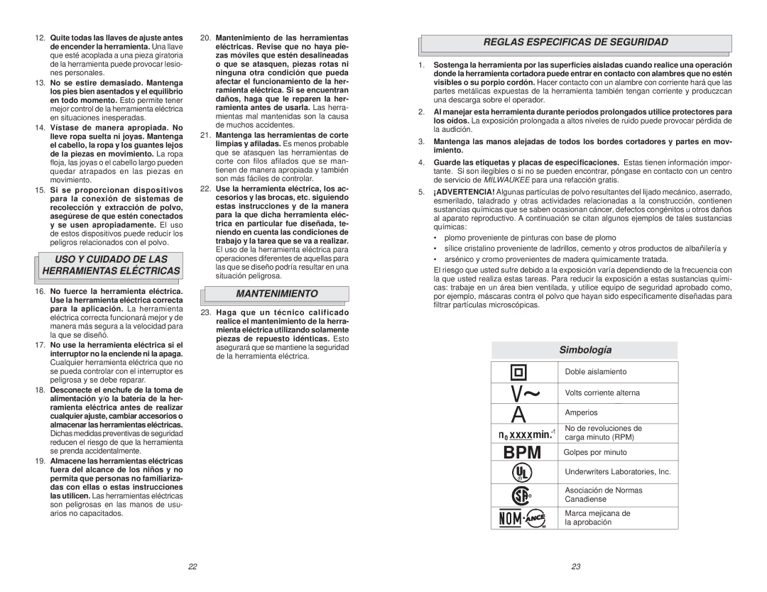 Milwaukee 5378-20 USO Y Cuidado DE LAS Herramientas Eléctricas, Mantenimiento, Reglas Especificas DE Seguridad, Simbología 