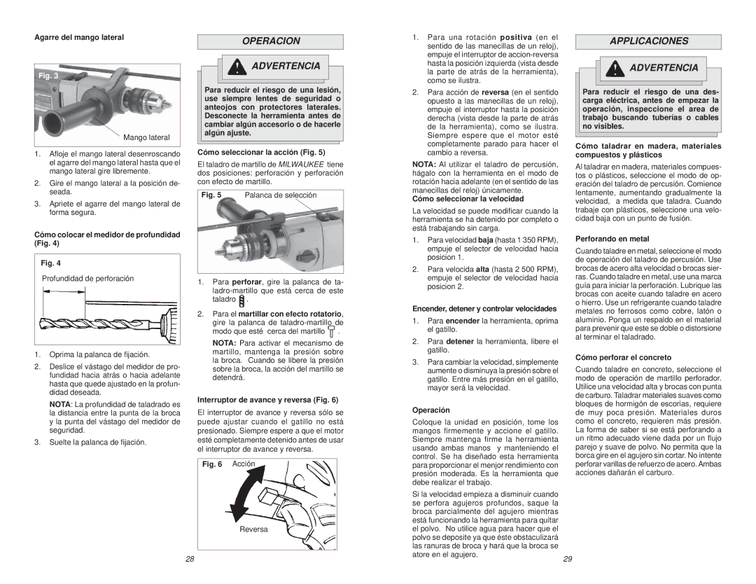 Milwaukee 5378-21, 5378-20 manual Operacion Advertencia, Applicaciones Advertencia 