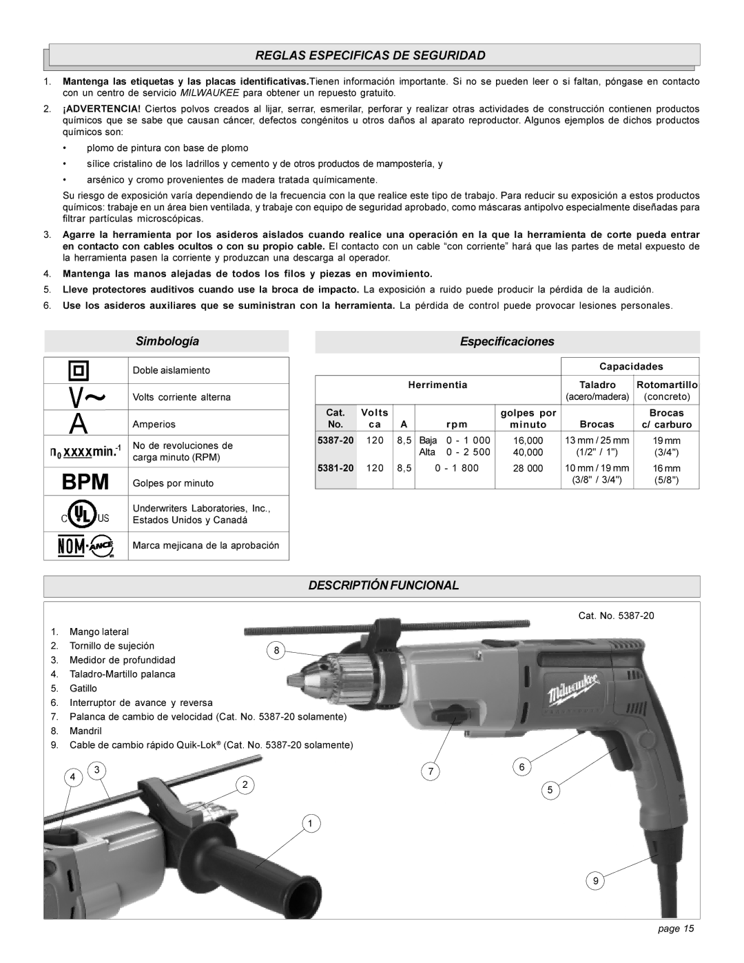 Milwaukee 5381-20 manual Reglas Especificas DE Seguridad, Descriptión Funcional 