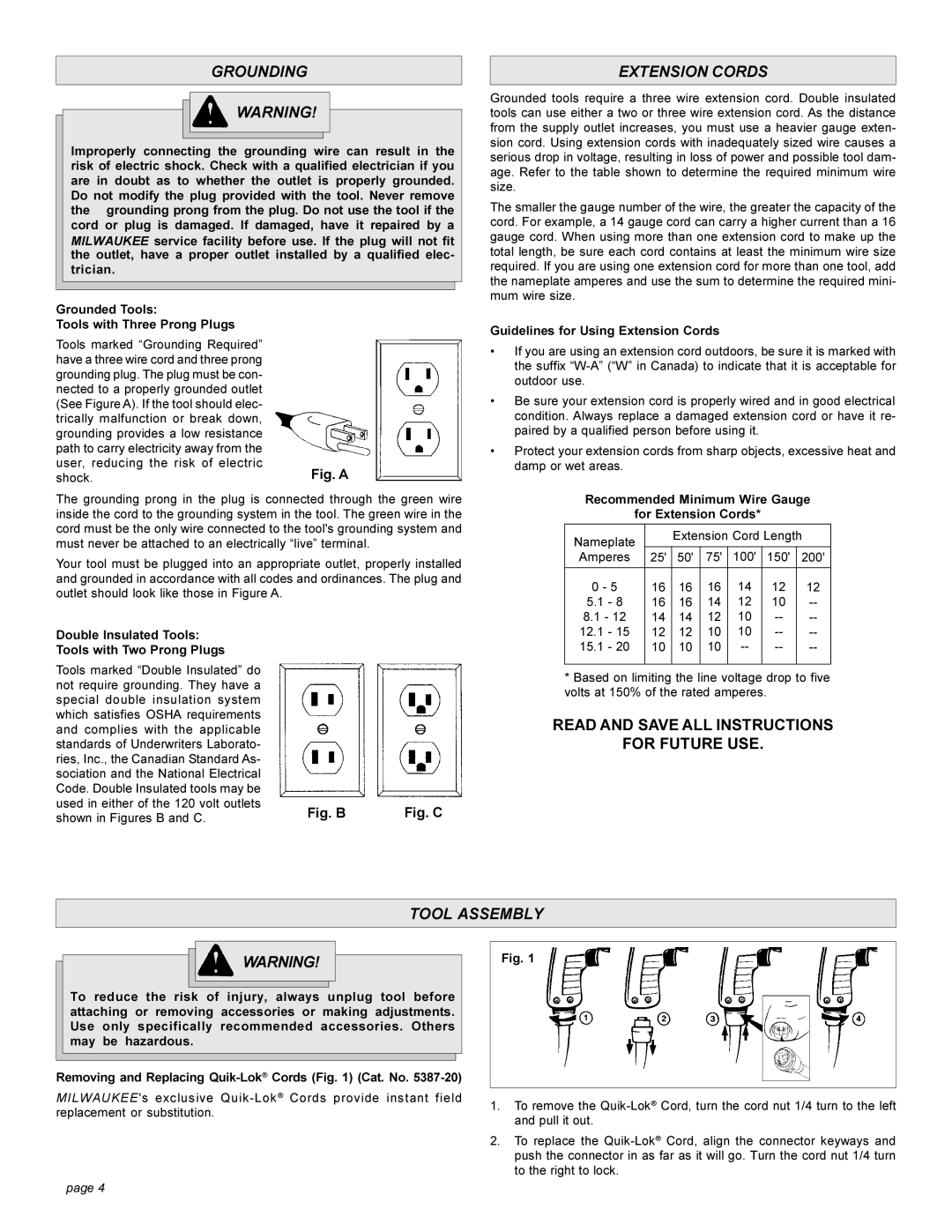 Milwaukee 5381-20 manual Grounding, Extension Cords, Tool Assembly 