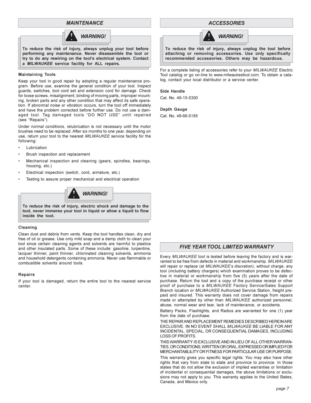 Milwaukee 5381-20 manual Maintenance, Accessories, Five Year Tool Limited Warranty, Depth Gauge, Repairs 