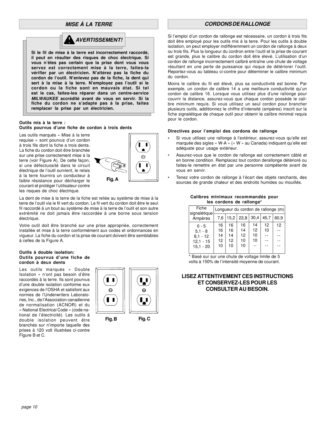 Milwaukee 5383-21 manual Mise À LA Terre Avertissement, Cordons DE Rallonge, Trois dents 