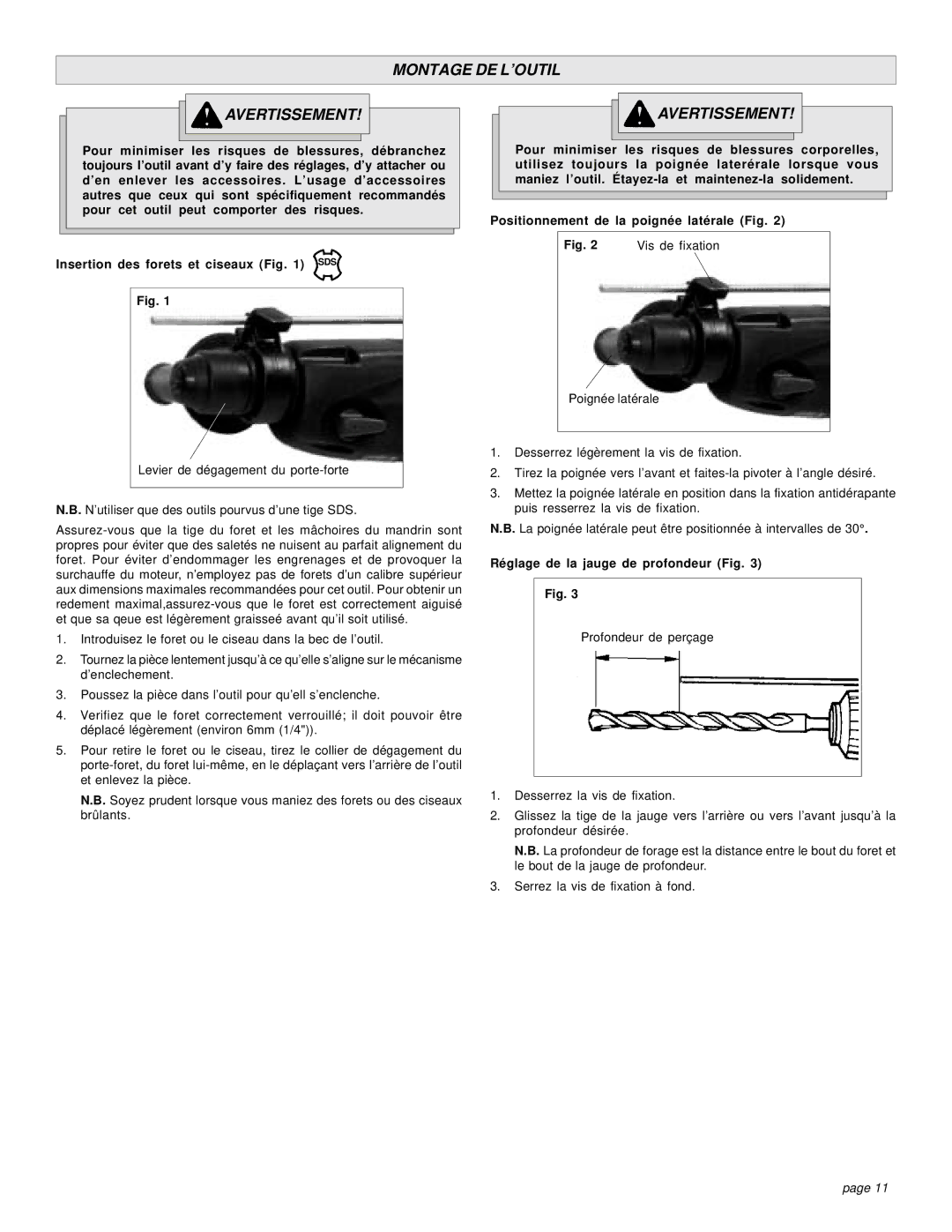 Milwaukee 5383-21 manual Montage DE L’OUTIL Avertissement, Réglage de la jauge de profondeur Fig 