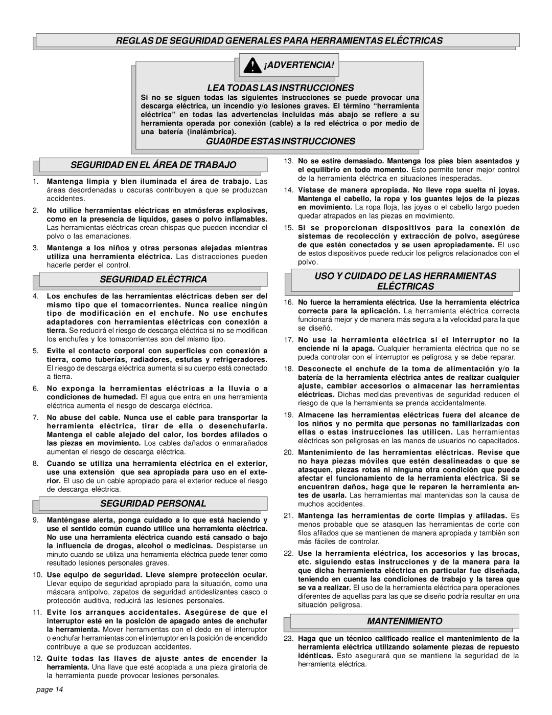 Milwaukee 5383-21 GUA0RDE Estas Instrucciones Seguridad EN EL Área DE Trabajo, Seguridad Eléctrica, Seguridad Personal 