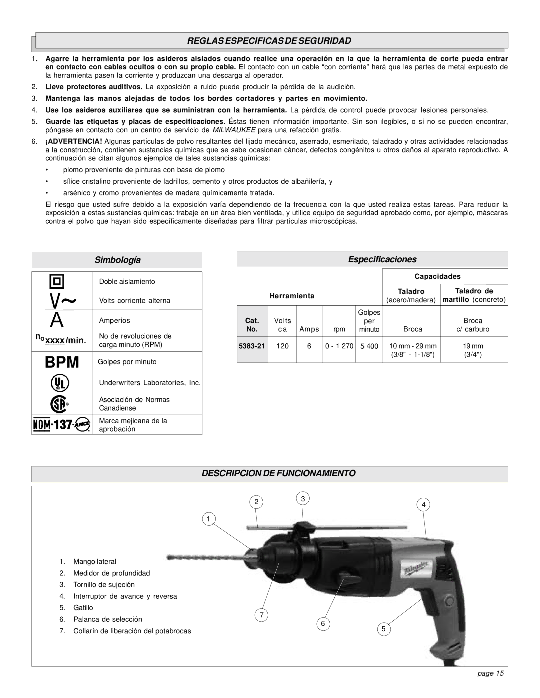 Milwaukee 5383-21 manual Reglas Especificas DE Seguridad, Descripcion DE Funcionamiento, Capacidades, Taladro, Herramienta 