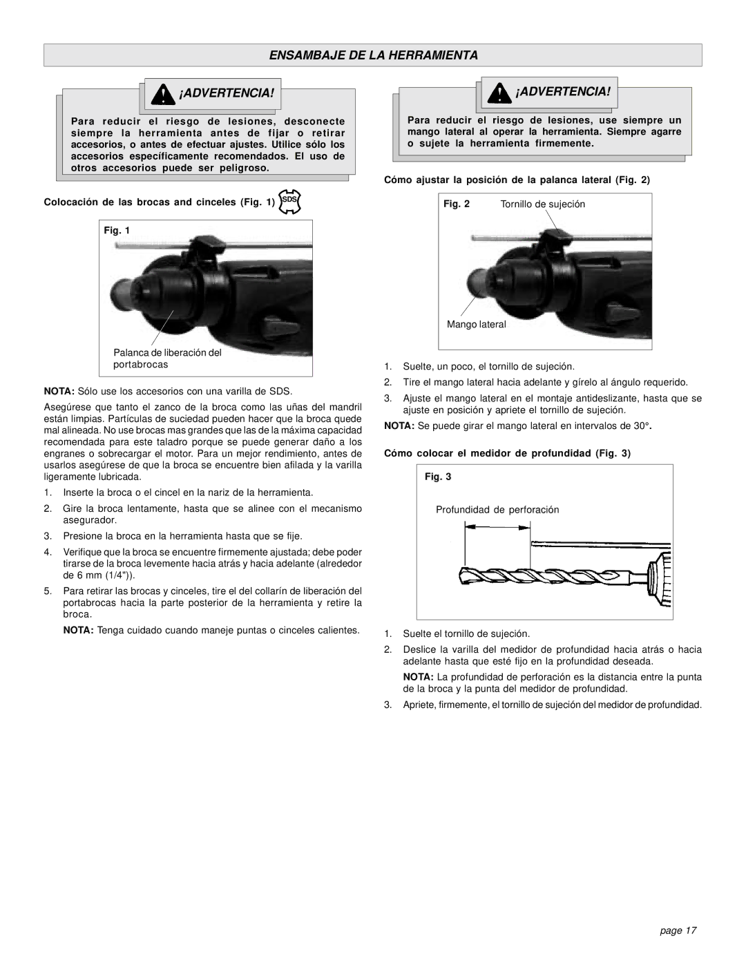 Milwaukee 5383-21 manual Ensambaje DE LA Herramienta ¡ADVERTENCIA, Cómo colocar el medidor de profundidad Fig 