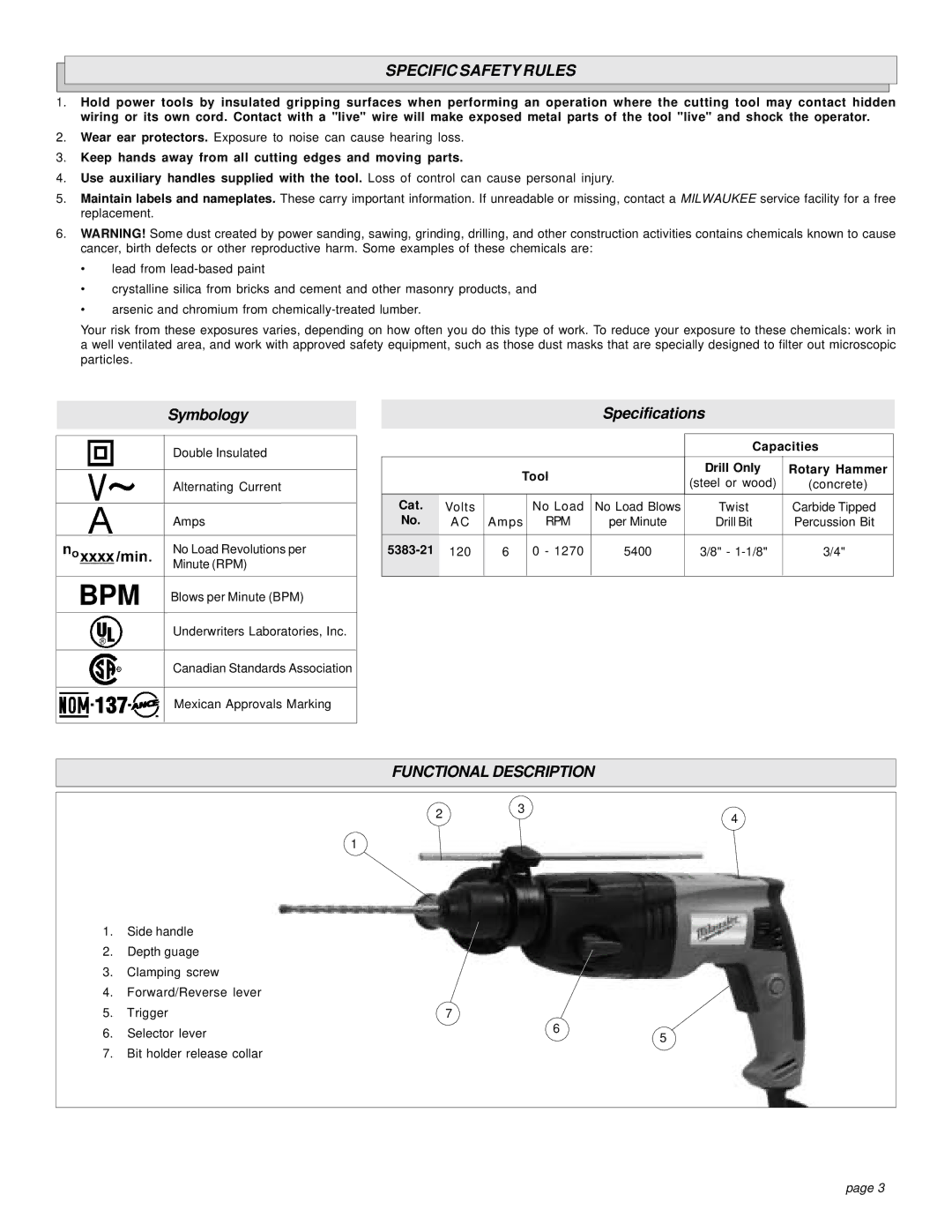 Milwaukee 5383-21 manual Specific Safety Rules, Functional Description 