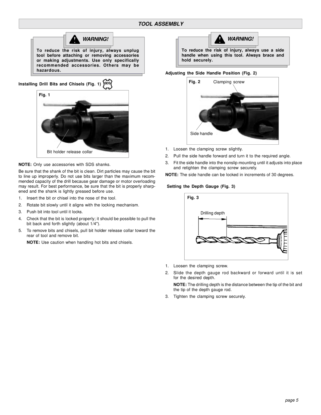 Milwaukee 5383-21 manual Tool Assembly, Setting the Depth Gauge Fig 