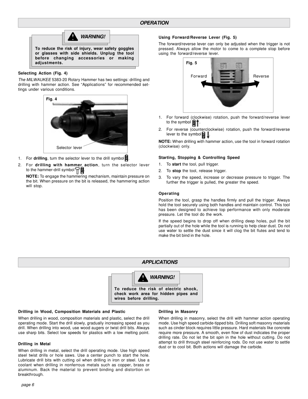 Milwaukee 5383-21 manual Operation, Applications 