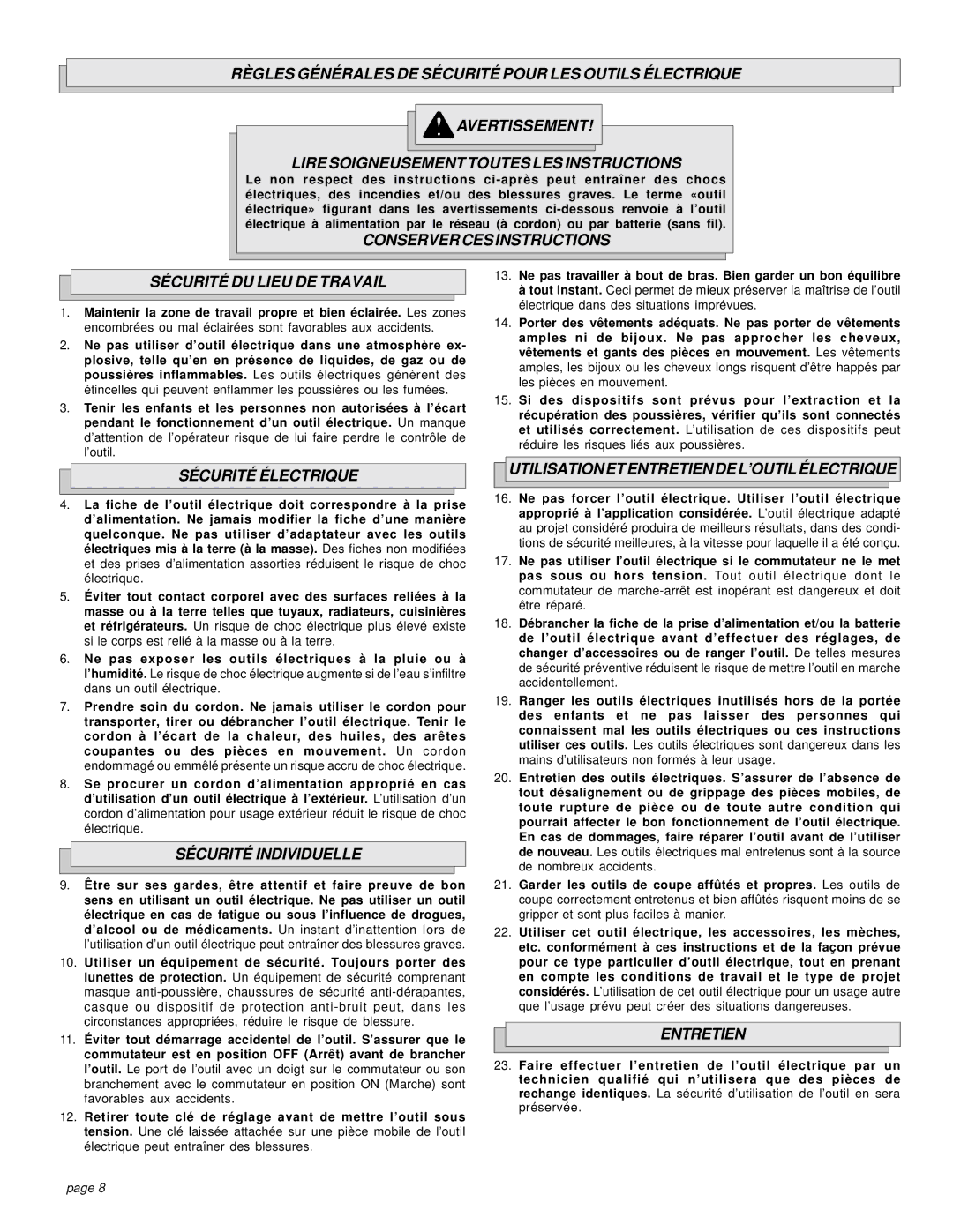 Milwaukee 5383-21 manual Conserver CES Instructions Sécurité DU Lieu DE Travail, Sécurité Électrique, Sécurité Individuelle 