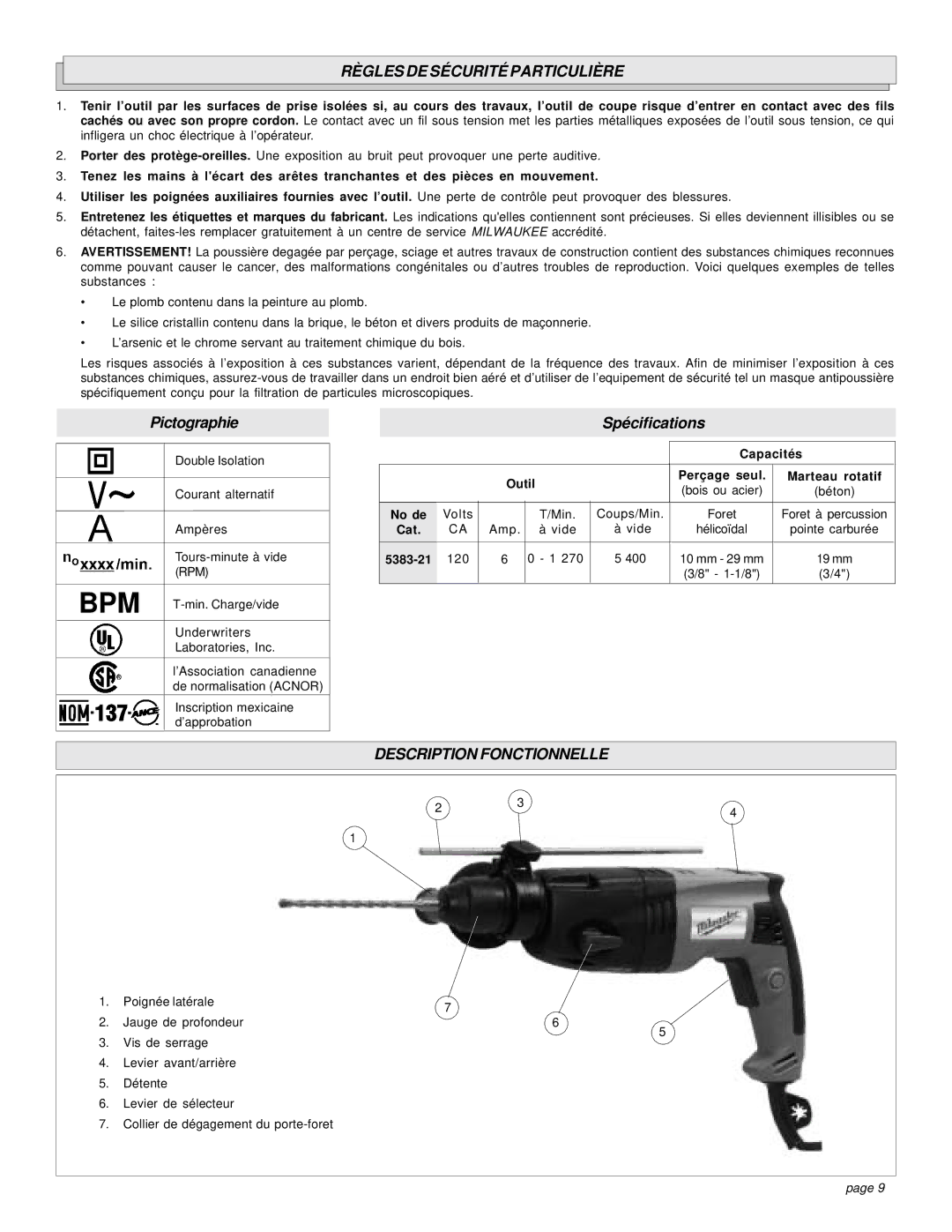 Milwaukee 5383-21 manual Règles DE Sécurité Particulière, Description Fonctionnelle, Capacités, No de 