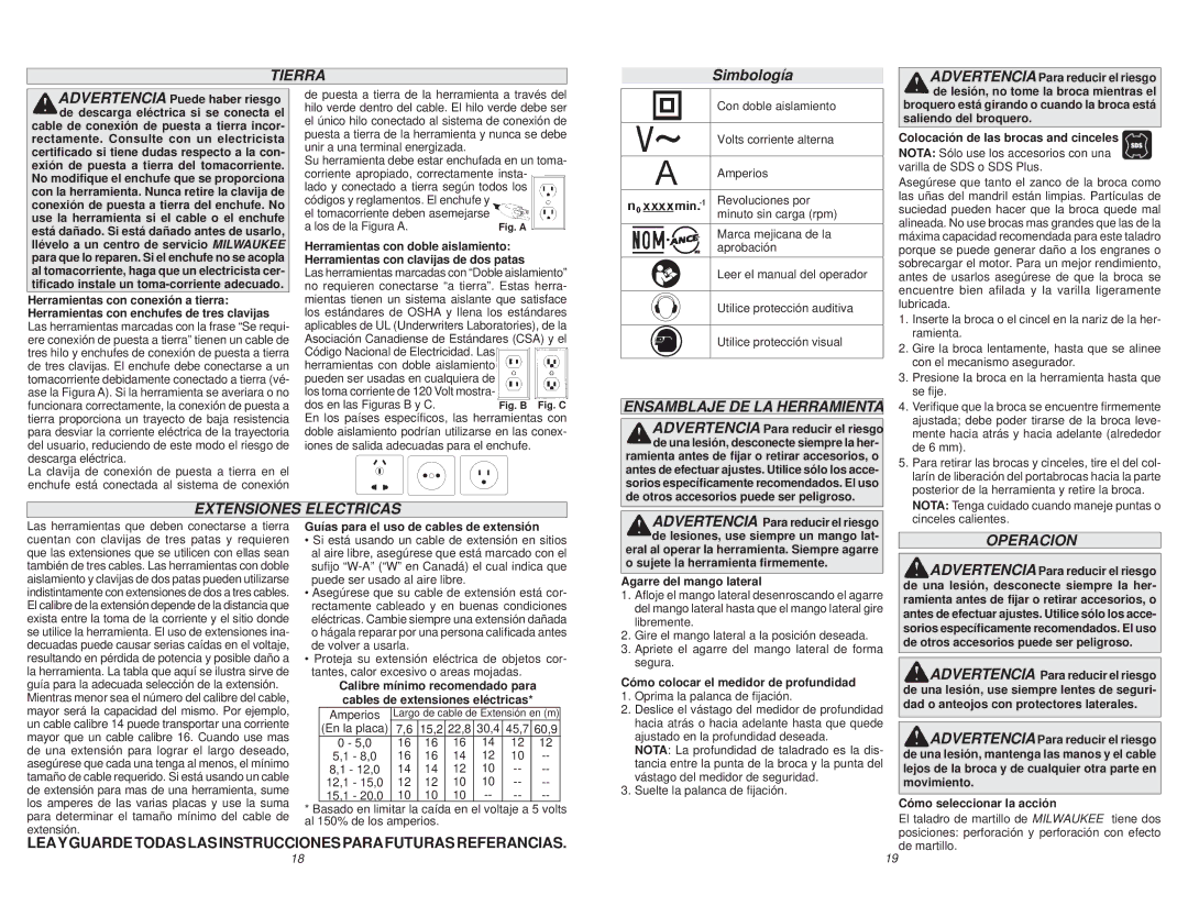 Milwaukee 5385-20 manual Tierra, Simbología, Ensamblaje DE LA Herramienta, Extensiones Electricas, Operacion 