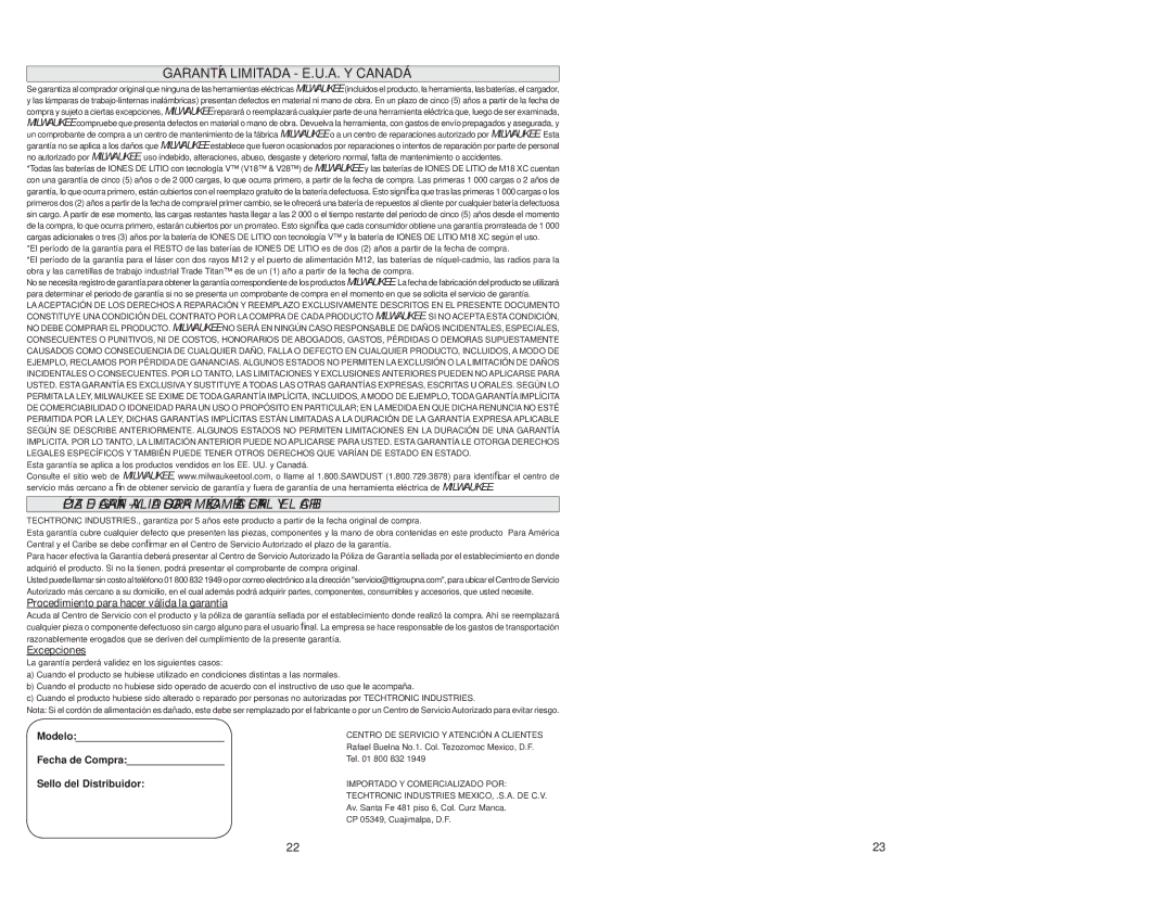 Milwaukee 5385-20 manual Garantía Limitada E.U.A. Y Canadá, Procedimiento para hacer válida la garantía, Excepciones 