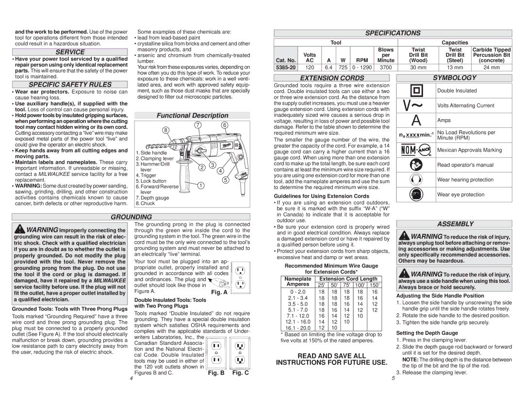 Milwaukee 5385-20 manual Service, Specifications, Specific Safety Rules, Extension Cords, Symbology, Grounding, Assembly 