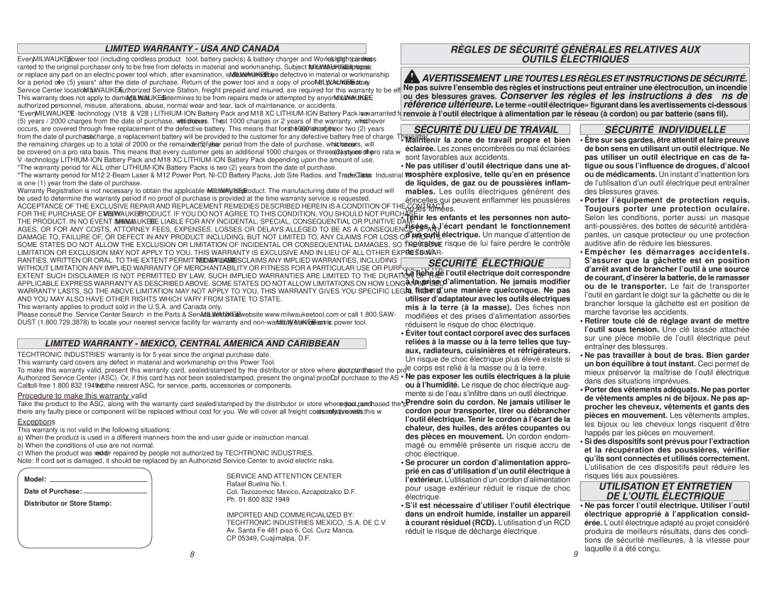 Milwaukee 5385-20 manual Sécurité DU Lieu DE Travail, Sécurité Électrique, Sécurité Individuelle 