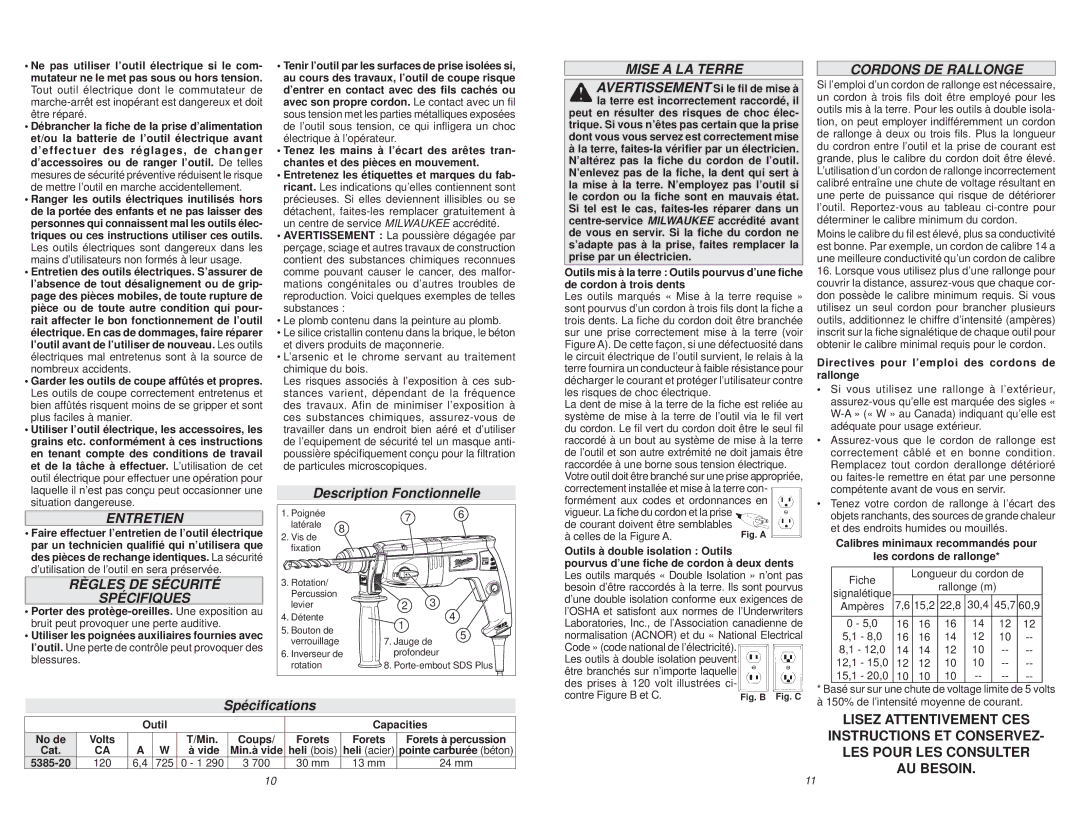 Milwaukee 5385-20 manual Entretien, Règles DE Sécurité Spécifiques, Mise a LA Terre, Cordons DE Rallonge 