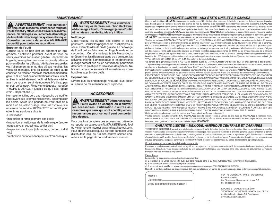 Milwaukee 5385-20 manual Accesoires, Garantie Limitée AUX ÉTATS-UNIS ET AU Canada 