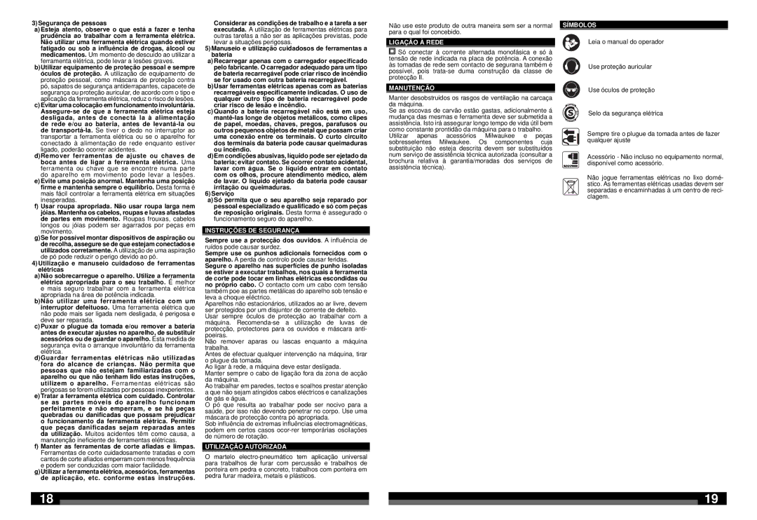 Milwaukee 5386-59A, 5386-59B manual Instruções DE Segurança, Utilização Autorizada, Ligação À Rede, Manutenção 