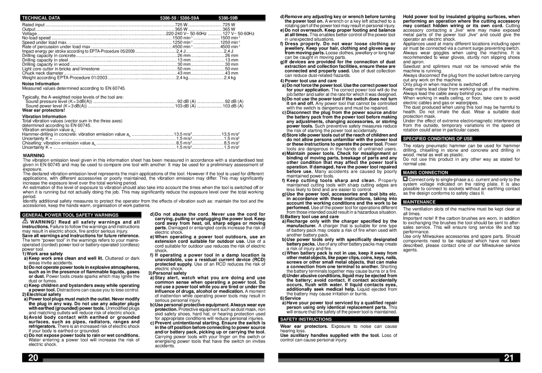 Milwaukee 5386-59B manual Technical Data, Specified Conditions of USE, Mains Connection, Maintenance, Safety Instructions 