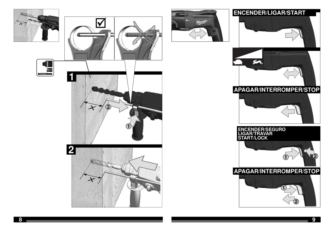 Milwaukee 5386-59B, 5386-59A manual Encender/Ligar/Start Apagar/Interromper/Stop 