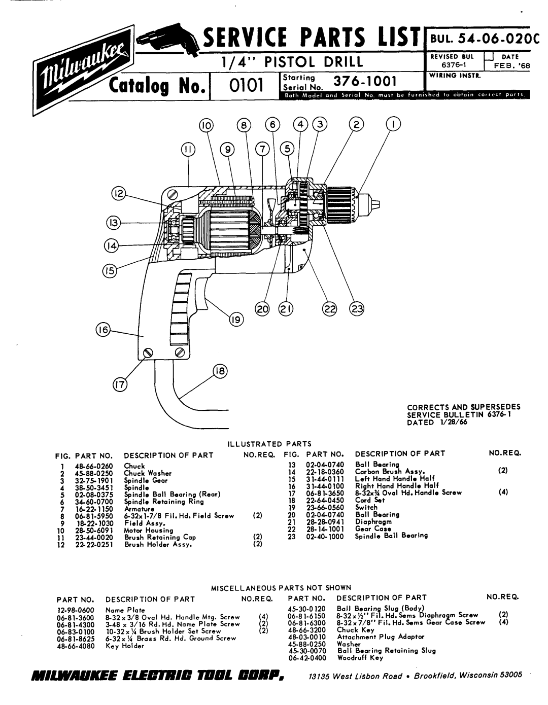 Milwaukee 54-06-0200 manual Service, PARTSllSl~~u~~~~-o6, 376-1001 