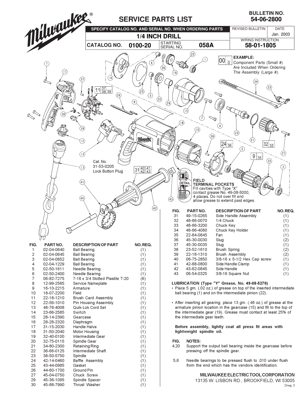 Milwaukee 58-01-1805 manual Service Parts List, 54-06-2800, Inch Drill, 058A 