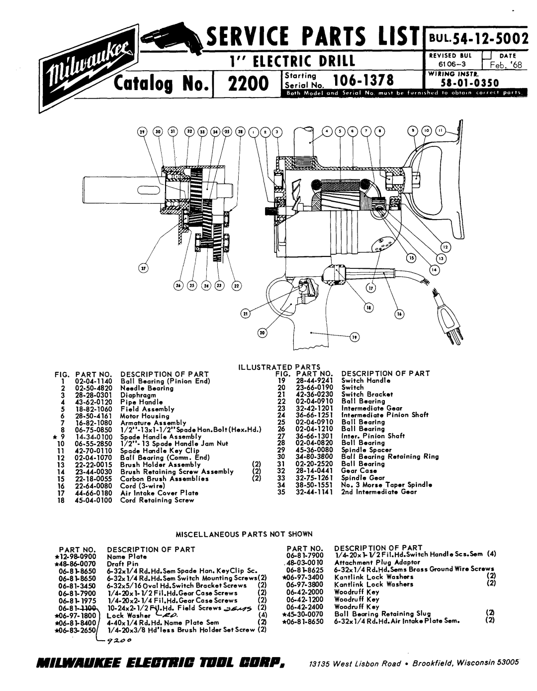 Milwaukee 16-82-1080, 54-12-5002, 14.34.0100, 06-75-0850 manual Service Parts List BuL.54~12-500, 58-01-0350, Cord, Lock 