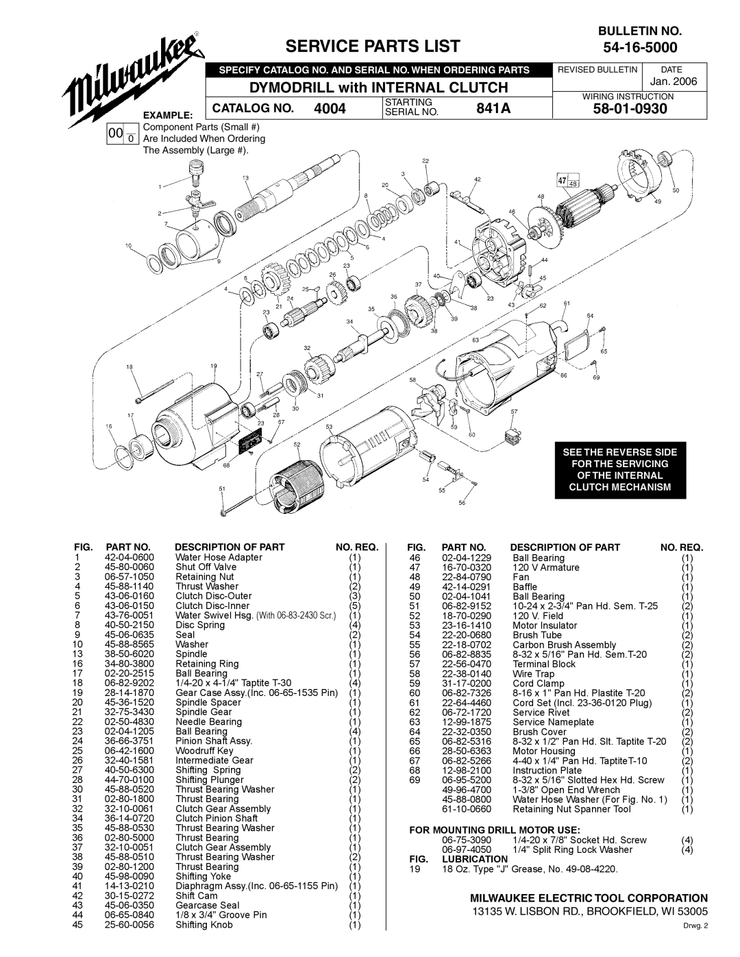 Milwaukee 54-16-5000 manual Service Parts List, Dymodrill with Internal Clutch, 4004, 841A 58-01-0930 